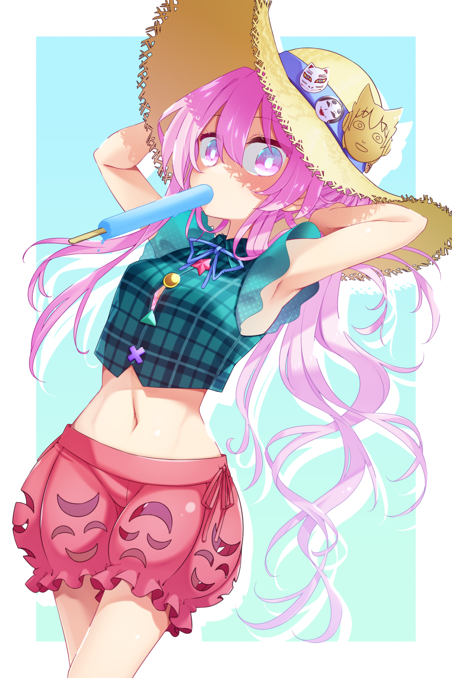 1girl adapted_costume aqua_shirt armpits arms_up blue_background border breasts bright_pupils cowboy_shot crop_top food food_in_mouth fox_mask hair_between_eyes hat hata_no_kokoro highres long_hair looking_at_viewer mask midriff miniskirt mouth_hold muchin_jousha navel new_mask_of_hope noh_mask outside_border pink_eyes pink_hair pink_skirt plaid plaid_shirt popsicle shirt skirt sleeveless solo straw_hat touhou very_long_hair white_border