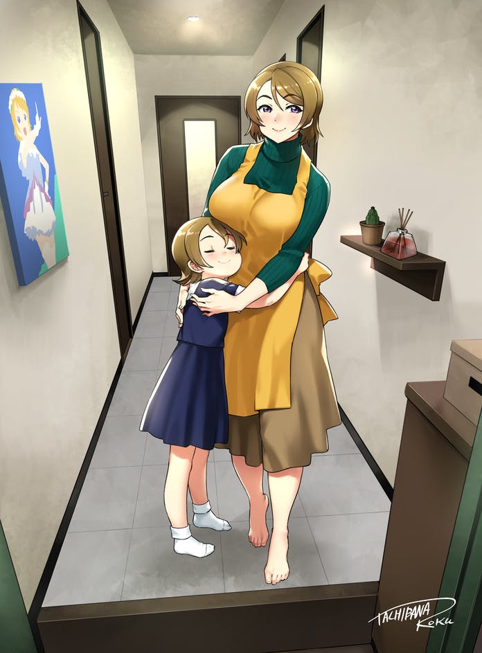 2girls apron barefoot blue_dress blush breasts brown_hair brown_skirt closed_mouth commission dress green_sweater hug koizumi_hanayo large_breasts long_sleeves looking_at_viewer love_live! mother_and_daughter multiple_girls older poster_(object) pov_doorway purple_eyes signature skeb_commission skirt smile socks standing sweater tachibana_roku yellow_apron