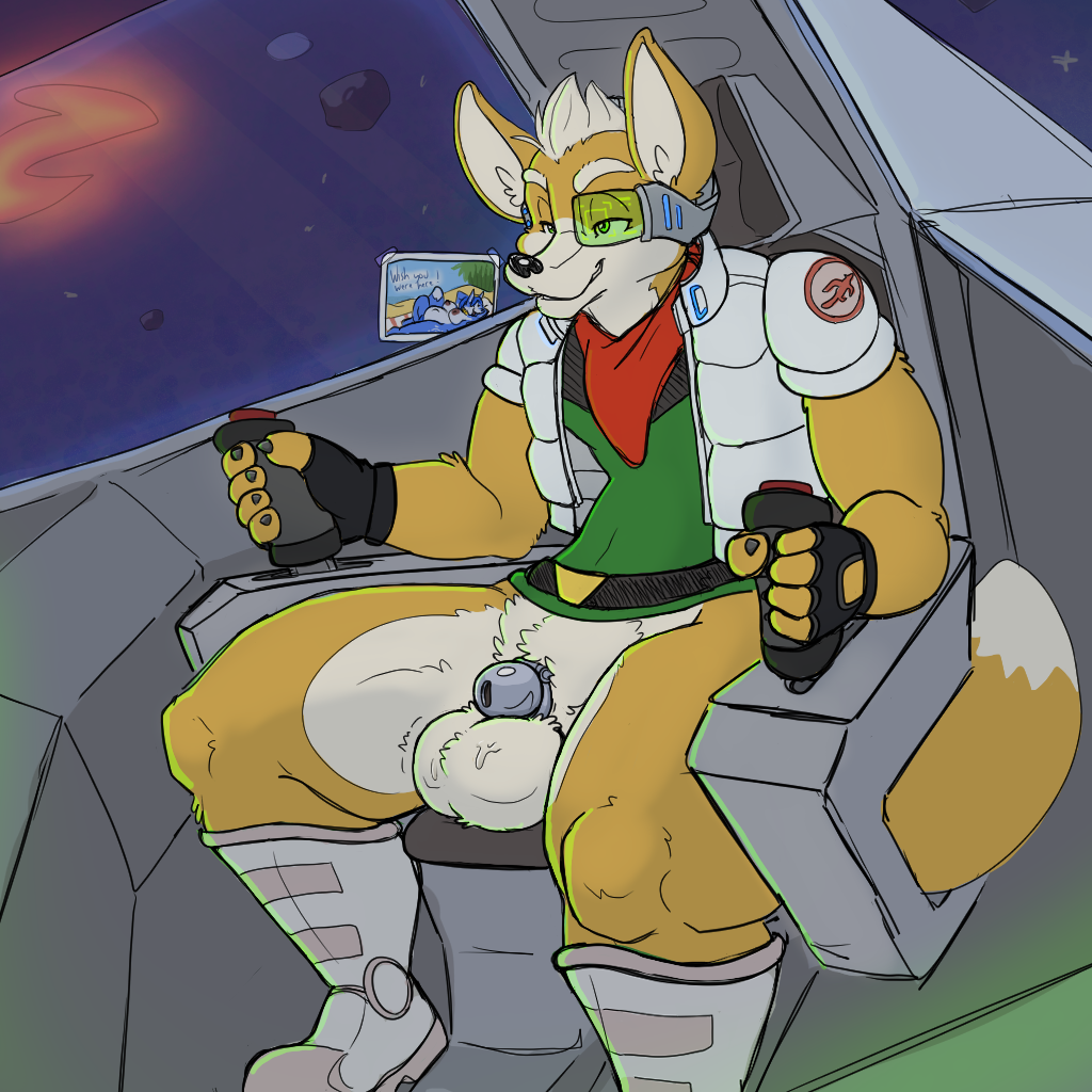 2022 anthro arwing ascot balls belt bodily_fluids boots bottomless bottomless_anthro bottomless_male bulge canid canine chastity_cage chastity_device clothed clothing controller duo female fingerless_gloves flying footwear fox fox_mccloud fur genital_fluids genitals gloves hair half-closed_eyes handwear holding_controller holding_object inner_ear_fluff inside jacket krystal male mammal narrowed_eyes nintendo nude pihlaja postcard precum pregnant shirt smile spread_legs spreading stain star_fox text topwear tuft video_games