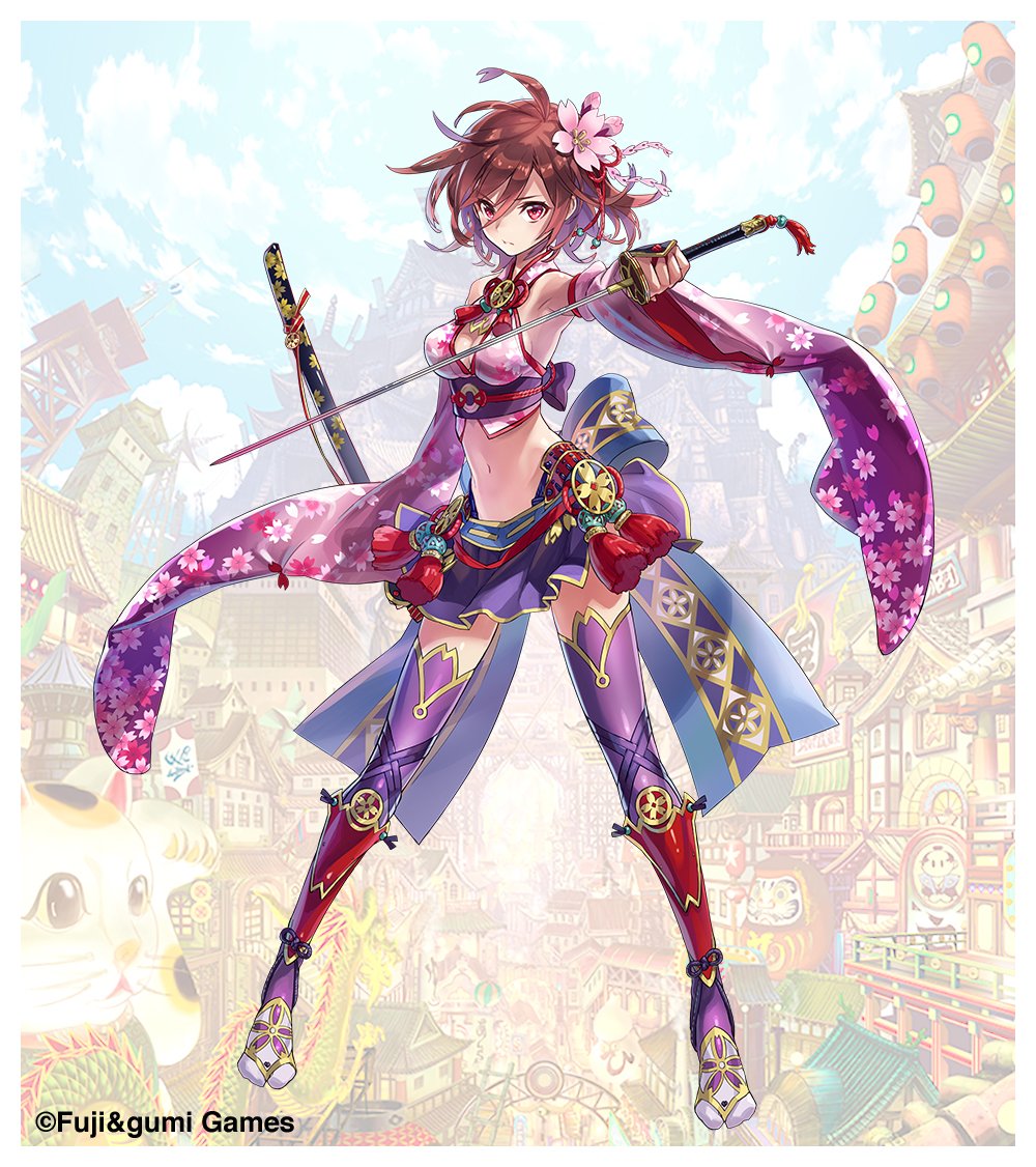 1girl brown_hair daakuro floral_print hair_between_eyes hair_ornament japanese_clothes looking_at_viewer phantom_of_the_kill ribbon skirt sword thighhighs weapon