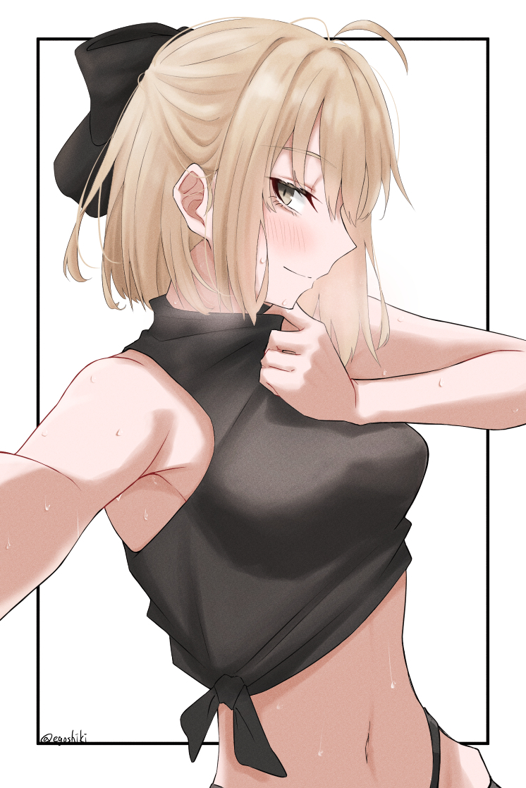 1girl ahoge bangs bare_shoulders black_bow blonde_hair blush bow breasts egomeshi fate/grand_order fate_(series) hair_between_eyes hair_bow looking_at_viewer midriff navel okita_souji_(fate) okita_souji_(koha-ace) pixiv_fate/grand_order_contest_1 shirt short_hair signature smile solo sweat tied_shirt yellow_eyes