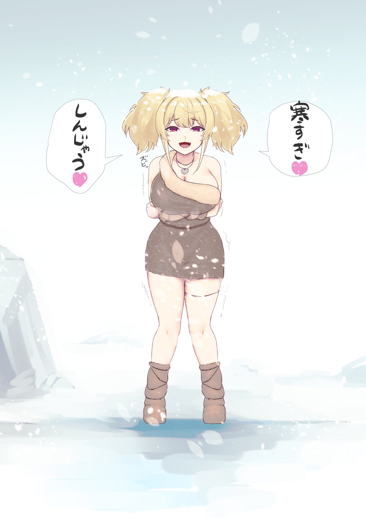 1girl arm_warmers blonde_hair breasts brown_footwear cleavage copyright_request dress heart highres large_breasts pink_hair short_dress single_strap snow snowing solo speech_bubble thighs translation_request yuugatou_(yuuzutu)