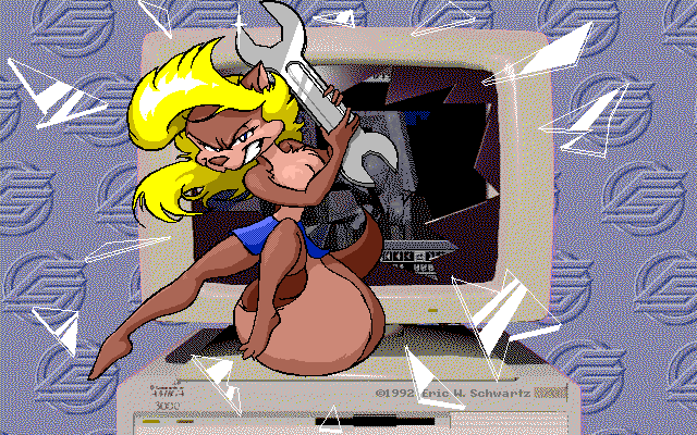 16:10 1992 3_toes 4_fingers action_pose aliasing amiga_(computer) amiga_3000 amiga_family amy_squirrel anthro artist_name barefoot blonde_hair blue_clothing breasts brown_body brown_fur brown_nose clothed clothing commodore_international computer countershade_tail countershade_torso countershading crt detailed_background dithering eric_schwartz eyes_closed eyeshadow featureless_breasts feet female fingers fur grey_eyeshadow hair logo makeup mammal plantigrade pose rodent sciurid solo spread_toes tan_body tan_fur toes tools topless tree_squirrel widescreen wrench