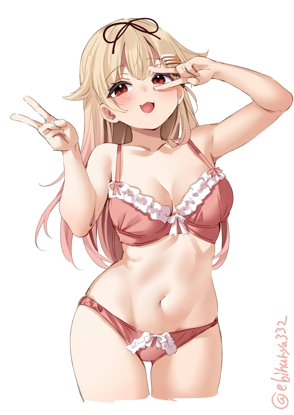 1girl arm_up ass_visible_through_thighs blonde_hair bow bow_bra bow_panties bra breasts cleavage cropped_legs double_v ebifurya eyebrows_behind_hair fang frilled_bra frilled_panties frilled_underwear frills gradient_hair hair_flaps hair_ornament highres kantai_collection long_hair medium_breasts multicolored_hair navel open_mouth panties pink_bra pink_hair pink_panties red_eyes simple_background solo thigh_gap twitter_username underwear underwear_only v white_background yuudachi_(kancolle) yuudachi_kai_ni_(kancolle)