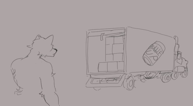 ambiguous_gender anthro beverage black_nose box canid canine container english_text line_art looking_away mammal monochrome numbersplus949 sketch soda solo text truck
