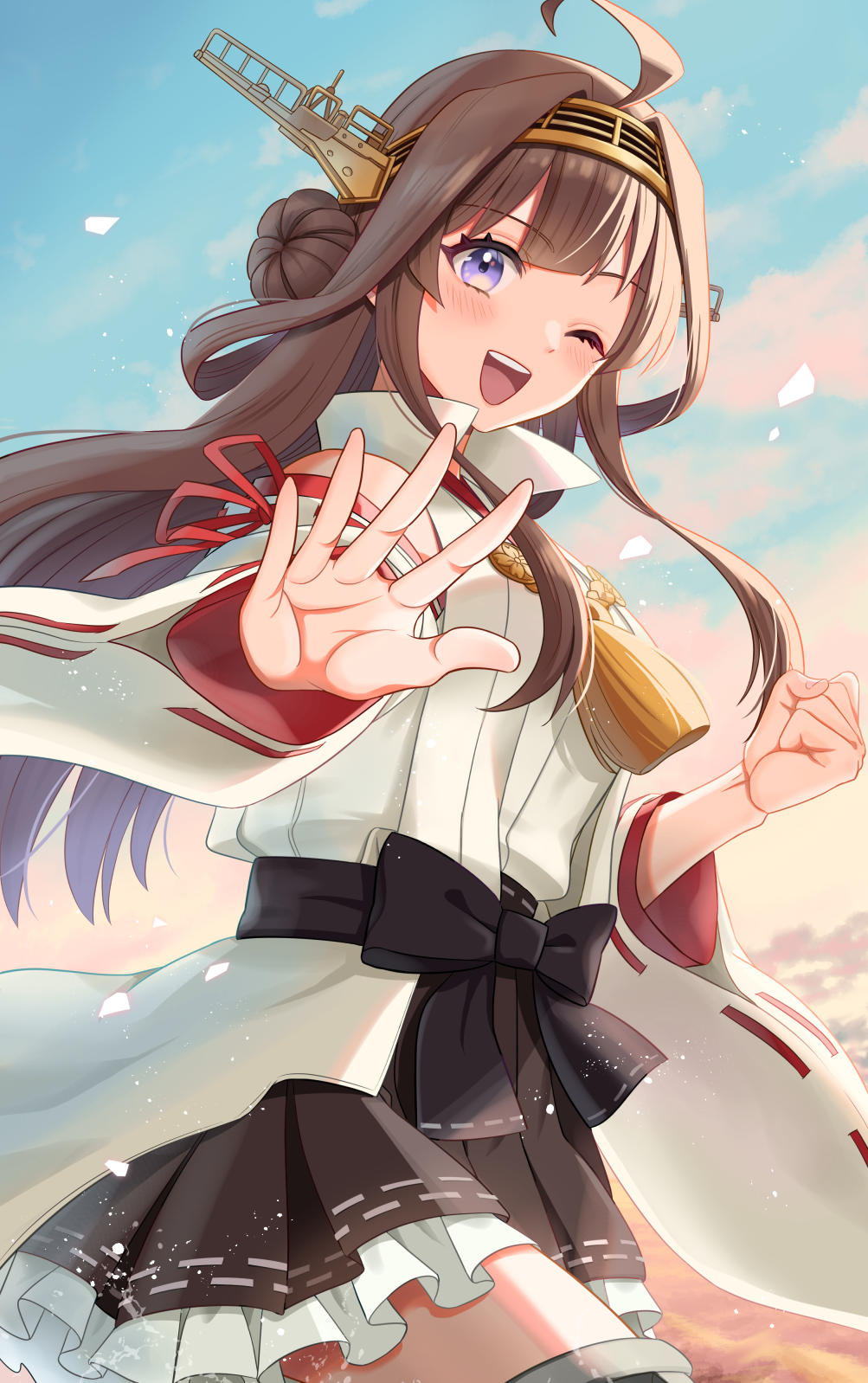 1girl ahoge blue_sky boots brown_hair cloud cloudy_sky day detached_sleeves double_bun hair_bun hairband hakama hakama_short_skirt hakama_skirt headgear highres japanese_clothes kantai_collection kongou_(kancolle) kongou_kai_ni_(kancolle) long_hair looking_at_viewer natsume_(natsume_melio) nontraditional_miko one_eye_closed open_mouth outdoors petals popped_collar purple_eyes ribbon-trimmed_sleeves ribbon_trim skirt sky smile solo thigh_boots twitter_username