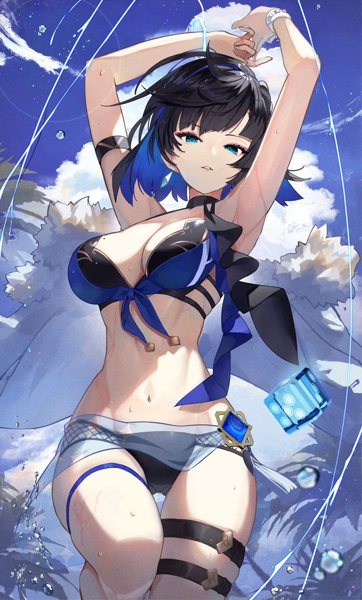 1girl arm_strap armpits arms_up bikini black_hair blue_hair blue_sky bracelet breasts cloud colored_inner_hair dice fur-trimmed_jacket fur_trim genshin_impact green_eyes highres jacket jacket_removed jewelry large_breasts looking_at_viewer mole mole_on_breast multicolored_hair navel parted_lips sarong scottie_(phantom2) short_hair sky solo stomach swimsuit tassel thigh_strap two-tone_hair vision_(genshin_impact) water water_drop white_jacket yelan_(genshin_impact)