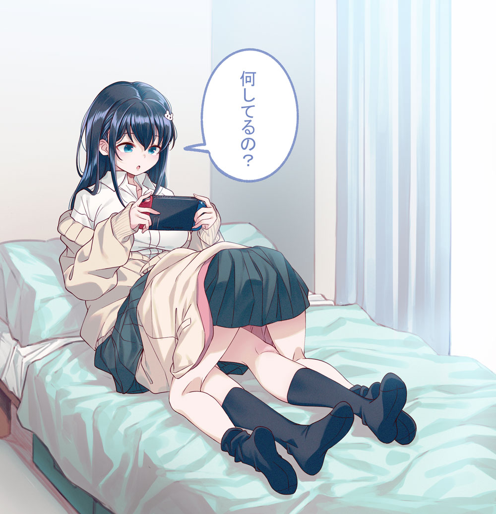 2girls 40hara bangs bed black_hair black_legwear blue_eyes check_translation fujita_ayano_(40hara) full_body green_skirt head_under_skirt indoors licking_lips long_hair long_sleeves miniskirt multiple_girls nintendo_switch no_shoes on_bed original purple_eyes school_uniform shirt shito_miu_(40hara) sitting skirt socks speech_bubble tongue tongue_out top-down_bottom-up translation_request white_shirt yuri