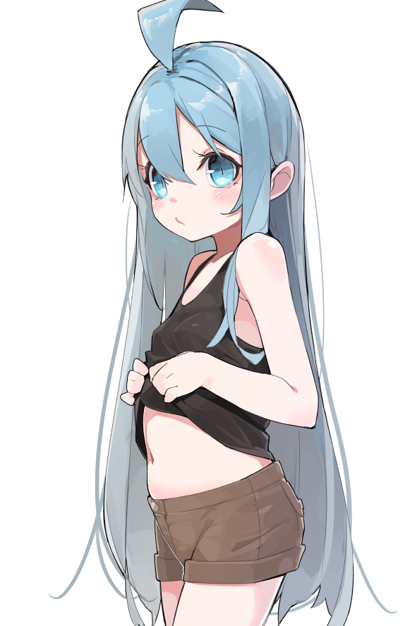 1girl ahoge black_shirt black_tank_top blue_eyes blue_hair breasts brown_shorts clothes_lift from_side fujiwara_gacho lifted_by_self long_hair looking_at_viewer navel original pale_skin shirt shirt_lift short_shorts shorts simple_background small_breasts solo tank_top thighs very_long_hair white_background