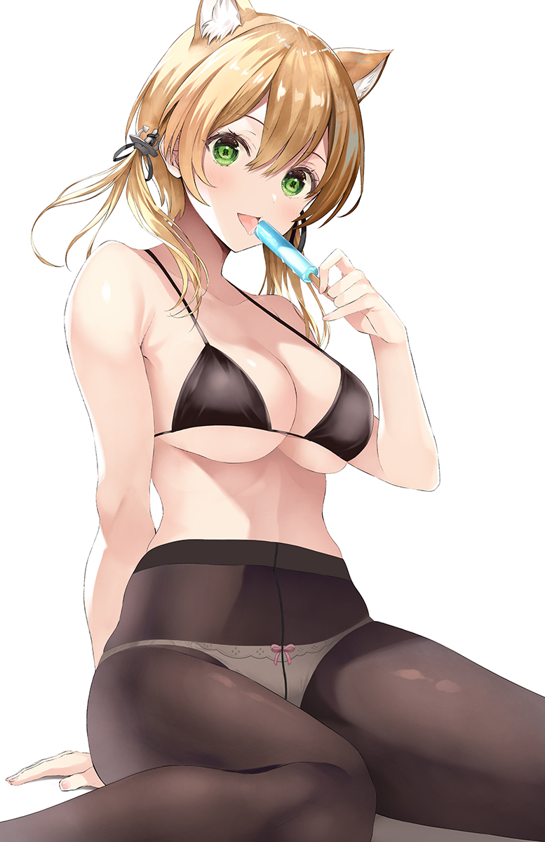 1girl animal_ears arm_behind_back bangs bikini bikini_top_only black_bikini black_legwear blonde_hair blush bow bow_panties breasts cat_ears cleavage commentary_request food green_eyes hair_ornament highres inuzumi_masaki kantai_collection large_breasts looking_at_viewer medium_hair panties pantyhose parted_lips popsicle prinz_eugen_(kancolle) simple_background sitting solo swimsuit tongue tongue_out underboob underwear wariza white_background white_panties