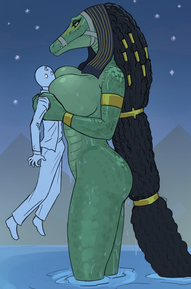 ammit ammit_(moon_knight) anthro armband armlet bandage big_breasts black_hair braided_hair breast_squish breasts butt clothed clothed/nude clothed_male_nude_female clothing crescent_moon crocodilian egyptian_mythology female flick-the-thief gold_(metal) green_body green_scales hair human human_on_anthro interspecies jewelry larger_anthro larger_female long_hair looking_at_another male male/female mammal marvel marvel_cinematic_universe mask middle_eastern_mythology moon moon_knight moon_knight_(series) mythology nude pyramid reptile scales scalie size_difference sky smaller_human smaller_male squish star water