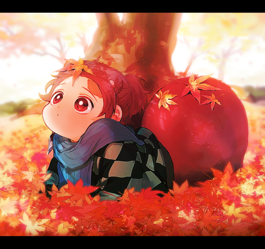 1boy all_fours animal_ears autumn autumn_leaves blue_scarf blurry checkered_clothes day depth_of_field earrings falling_leaves haori japanese_clothes jewelry kamado_tanjirou kemonomimi_mode kimetsu_no_yaiba leaf leaf_on_head letterboxed long_sleeves looking_away looking_up maga_(chun) male_focus maple_leaf nature outdoors ponytail raccoon_boy raccoon_ears raccoon_tail red_eyes red_hair scar scar_on_face scar_on_forehead scarf short_hair solo tail tree under_tree wide_sleeves