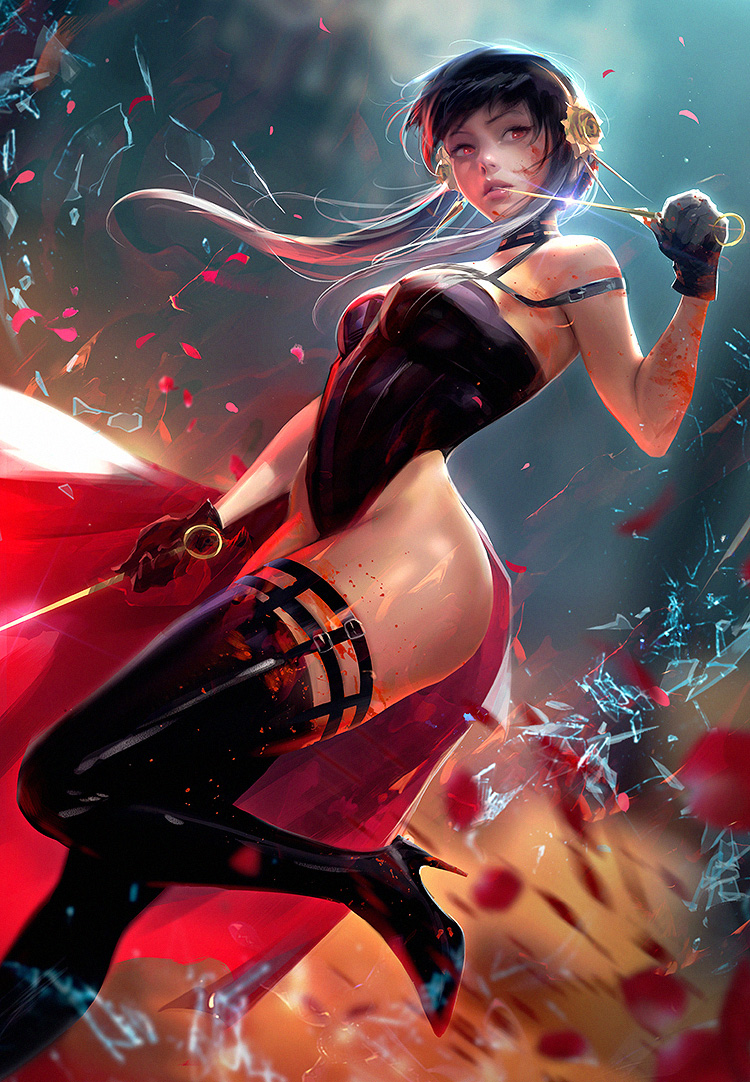 1girl black_leotard blood blood_on_face blood_on_hands blood_on_weapon boots breasts dagger dress earrings flower gloves gold_earrings gold_hairband high_heels holding holding_dagger holding_weapon jewelry knife leotard medium_breasts red_eyes rose ross_tran short_hair_with_long_locks solo spy_x_family thick_thighs thigh_boots thighs two-sided_dress two-sided_fabric weapon yor_briar