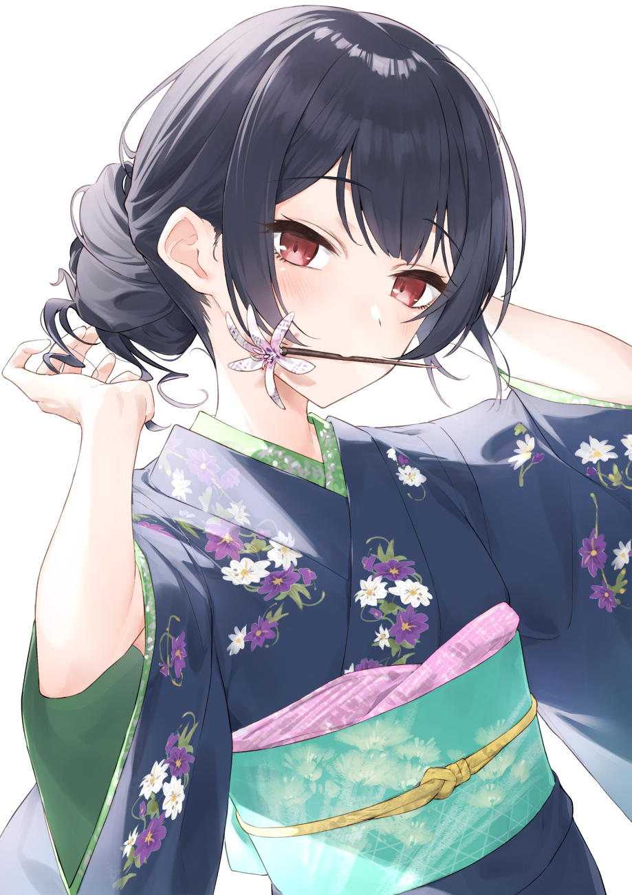 1girl arms_up black_hair blush commentary_request floral_print hair_bun hair_ornament hair_stick hayashi_kewi highres idolmaster idolmaster_shiny_colors looking_at_viewer morino_rinze mouth_hold obi red_eyes sash simple_background single_hair_bun solo upper_body white_background wide_sleeves