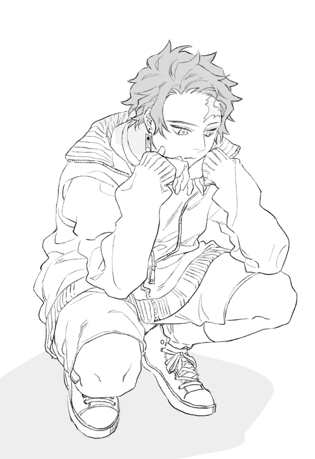 1boy closed_mouth cross-laced_footwear earrings frown full_body greyscale hands_up head_rest jacket jewelry kamado_tanjirou kimetsu_no_yaiba long_sleeves looking_away looking_down male_focus monochrome scar scar_on_face scar_on_forehead shiki_2589 shoes short_hair shorts simple_background sneakers solo squatting thinking