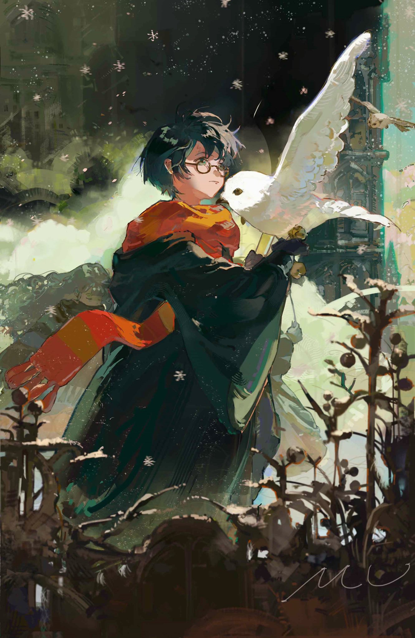 1girl 2boys bangs bird bird_on_hand black_hair black_robe building closed_eyes glasses green_eyes gryffindor harry_potter harry_potter_(series) hedwig hermione_granger highres hogwarts_school_uniform holding holding_wand lightning_bolt_symbol long_hair long_sleeves looking_away male_focus motion_blur multiple_boys muyihui outdoors outstretched_arm owl plant red_scarf ron_weasley round_eyewear scar scar_on_face scar_on_forehead scarf school_uniform short_hair signature snow snowflakes snowing solo_focus standing striped striped_scarf wand wavy_hair wide_sleeves