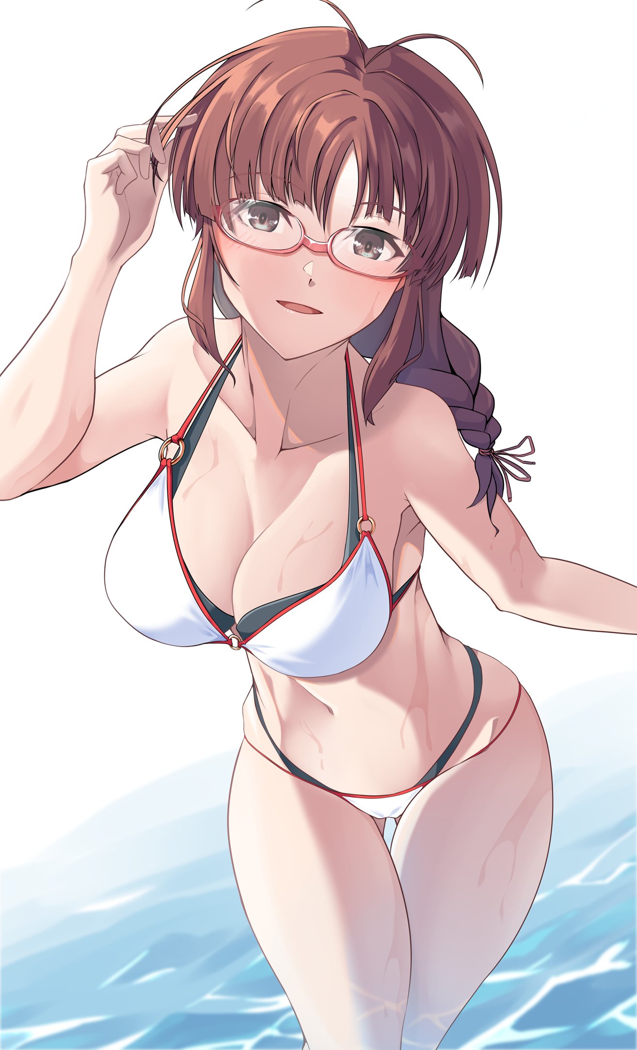 1girl akizuki_ritsuko antenna_hair bikini blush braid braided_ponytail breasts brown_hair cleavage collarbone feet_out_of_frame glasses hadaka_megane highres idolmaster idolmaster_(classic) medium_breasts multi-strapped_bikini outdoors side_ponytail skindentation smile solo swimsuit thigh_gap