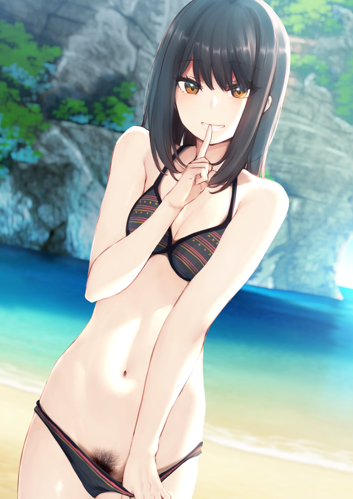 1girl bangs bare_arms bare_shoulders beach bikini bikini_pull black_bikini black_hair blurry blurry_background breasts brown_eyes clothes_pull cowboy_shot dutch_angle female_pubic_hair finger_to_mouth grin groin halterneck highres light_blush medium_hair nagami_yuu navel ocean original pubic_hair rock sand shushing sidelocks skinny small_breasts smile solo stomach striped striped_bikini swimsuit