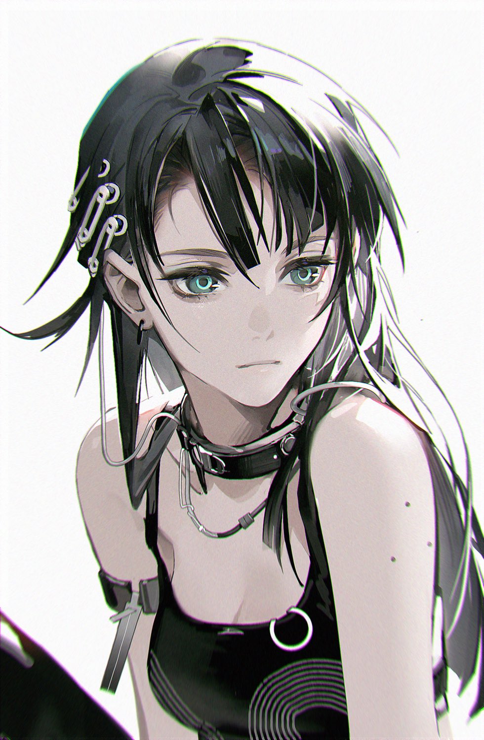 1girl bare_shoulders black_hair breasts cable cleavage collar commentary crop_top earrings eyelashes green_eyes hair_ornament hairclip highres jewelry long_hair looking_away looking_to_the_side mole mole_on_arm nunok original simple_background sleeveless solo upper_body white_background