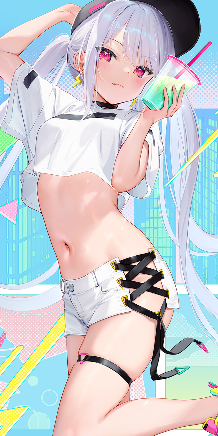 1girl bangs black_headwear blush breasts closed_mouth drink earrings hat highres holding holding_drink jewelry long_hair looking_at_viewer midriff mignon navel original pink_eyes shirt short_shorts short_sleeves shorts skindentation small_breasts smile solo thigh_strap thighs twintails white_hair white_shirt white_shorts