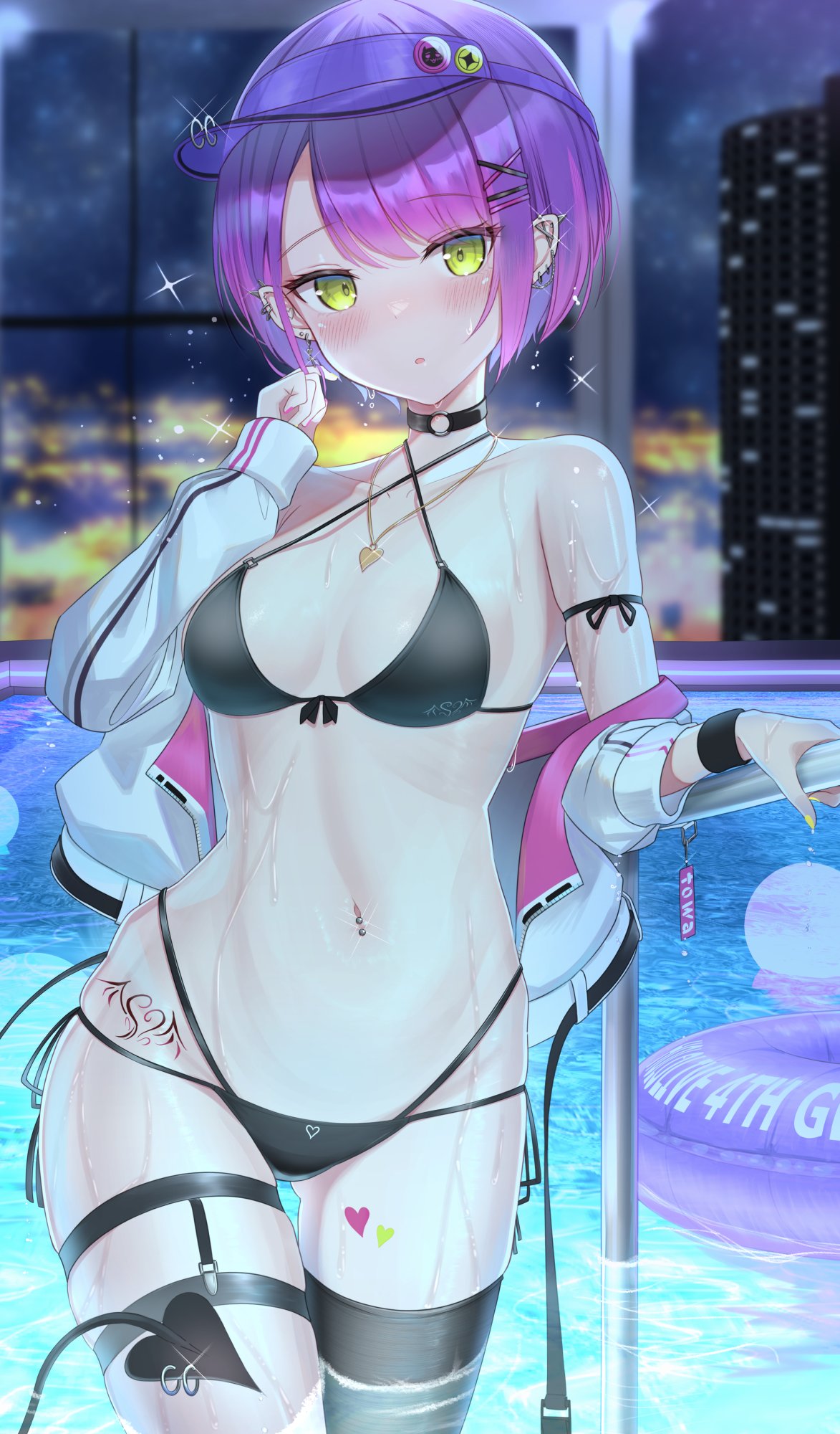 1girl bangs bikini blush breasts demon_tail ear_piercing green_eyes hair_ornament hairclip hat highres hololive jacket jewelry kachikachipiroo looking_at_viewer multicolored_hair necklace piercing pink_hair purple_hair short_hair single_thighhigh small_breasts solo swimsuit tail thighhighs tokoyami_towa virtual_youtuber white_jacket
