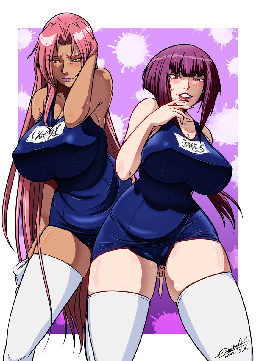 2girls bangs blue_swimsuit blunt_bangs blush bob_cut breasts cosplay covered_navel dark-skinned_female dark_skin embarrassed hair_intakes highres hizuekeaki ingrid_(taimanin_murasaki) large_breasts lipstick long_hair looking_at_viewer looking_back makeup middle_finger mole mole_under_mouth multiple_girls name_tag oboro_(taimanin_asagi) old_school_swimsuit one-piece_swimsuit pink_hair purple_hair purple_lips red_eyes school_swimsuit school_swimsuit_flap short_hair smile smirk swimsuit taimanin_(series) taimanin_asagi taimanin_murasaki thick_eyebrows thighhighs when_you_see_it white_legwear yellow_eyes