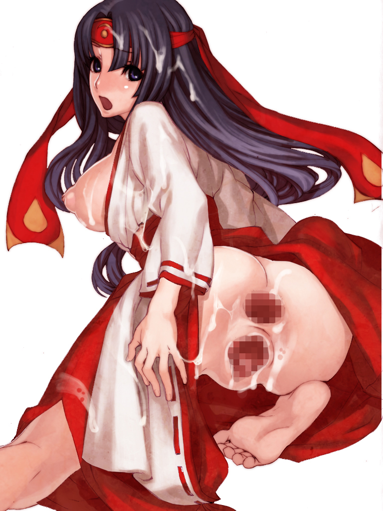 anus ass barefoot black_hair blue_eyes blush breasts censored cum cum_on_body cum_on_breasts cum_on_hair cum_on_upper_body facial feet headband japanese_clothes large_breasts long_hair looking_back nipples puffy_nipples pussy queen's_blade saiki_keita soles solo spread_anus spread_pussy toes tomoe