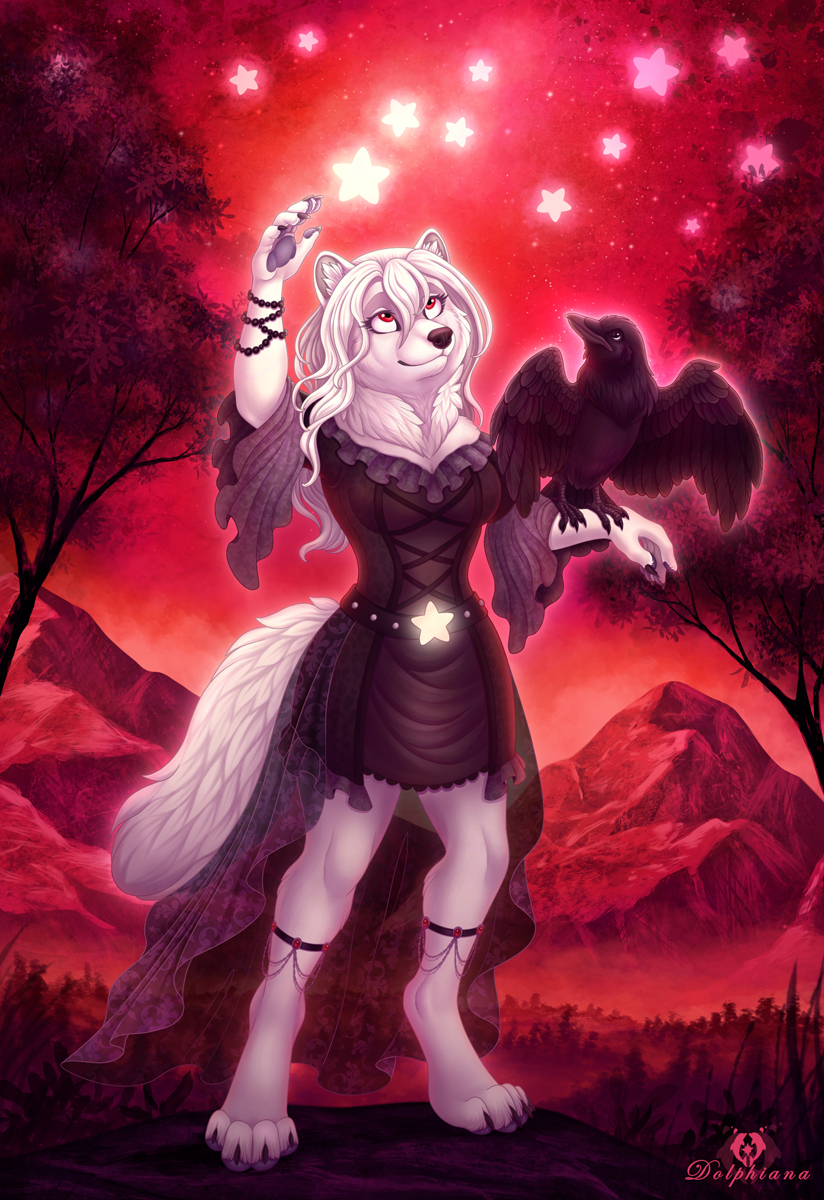 anthro avian bird canid canine canis clothing corvid corvus_(genus) crow dolphydolphiana dress female hi_res mammal oscine passerine plant solo star tree wolf