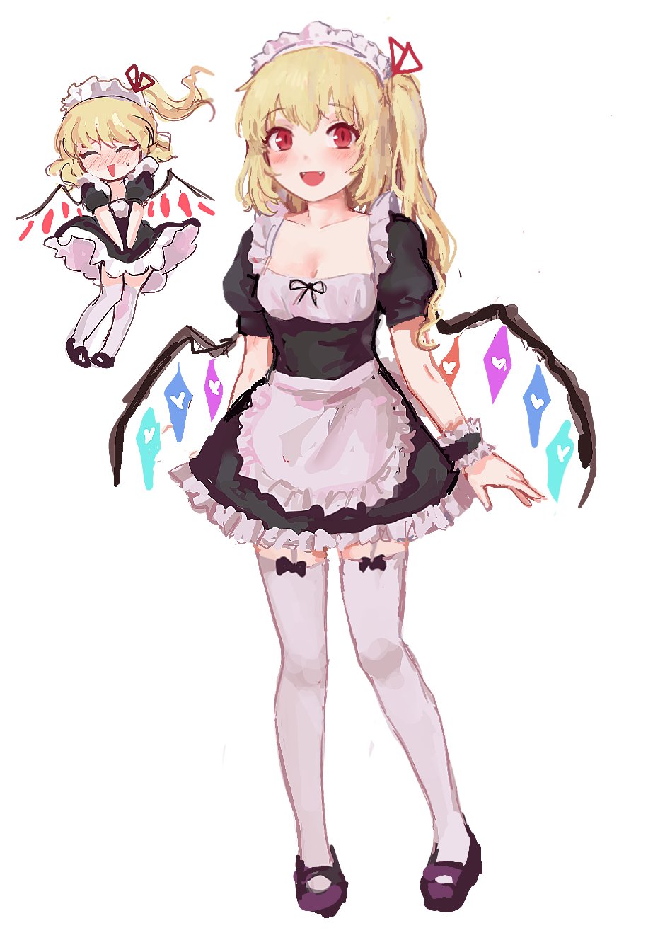 1girl alternate_costume apron bangs black_dress black_footwear blonde_hair blush breasts bustier cleavage closed_eyes collarbone crystal dress dress_tug enmaided fangs flandre_scarlet frilled_dress frills full_body hair_ribbon highres himuhino looking_at_viewer maid maid_headdress mary_janes medium_hair multiple_views one_side_up open_mouth red_eyes red_ribbon ribbon shoes slit_pupils small_breasts solo standing thighhighs touhou waist_apron white_background white_legwear wings wrist_cuffs