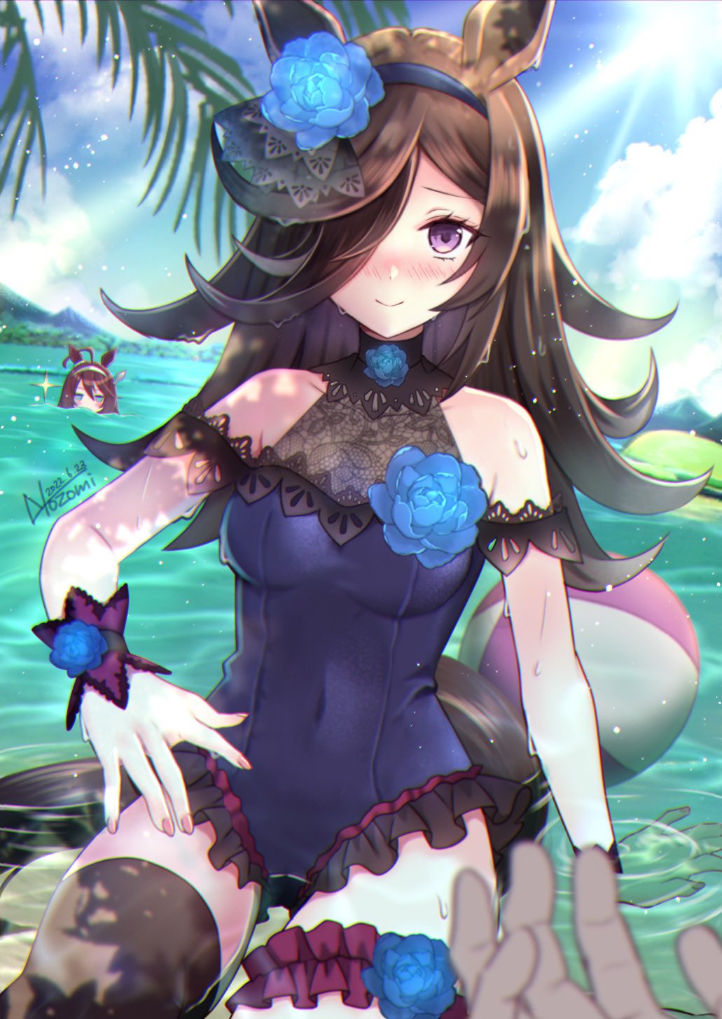 2girls ahoge alternate_costume ball beachball black_hair breasts collarbone commentary_request head_tilt highres horse_girl looking_at_viewer mihono_bourbon_(umamusume) multiple_girls nozomi_fuuten pov pov_hands rice_shower_(umamusume) sky small_breasts smile submerged swimsuit thighhighs umamusume