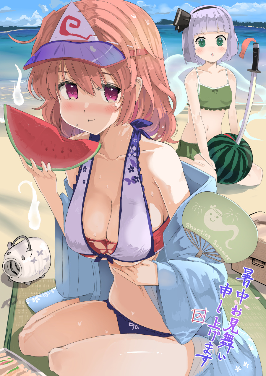 2girls alternate_costume beach bikini black_hairband black_ribbon blue_eyes bob_cut breasts cleavage commentary_request eating food fruit hair_ribbon hairband highres katana konpaku_youmu large_breasts multiple_girls pink_eyes pink_hair puuakachan ribbon saigyouji_yuyuko short_hair small_breasts swimsuit sword touhou translation_request watermelon watermelon_slice wavy_hair weapon