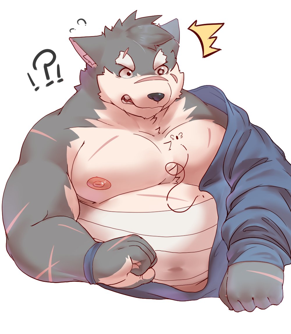 ?! anthro arthropod bawp belly blush canid canine canis domestic_dog eyebrows fly_(disambiguation) fur grey_body grey_fur insect lifewonders male mammal moritaka musclegut nipples pecs scar solo thick_eyebrows tokyo_afterschool_summoners video_games