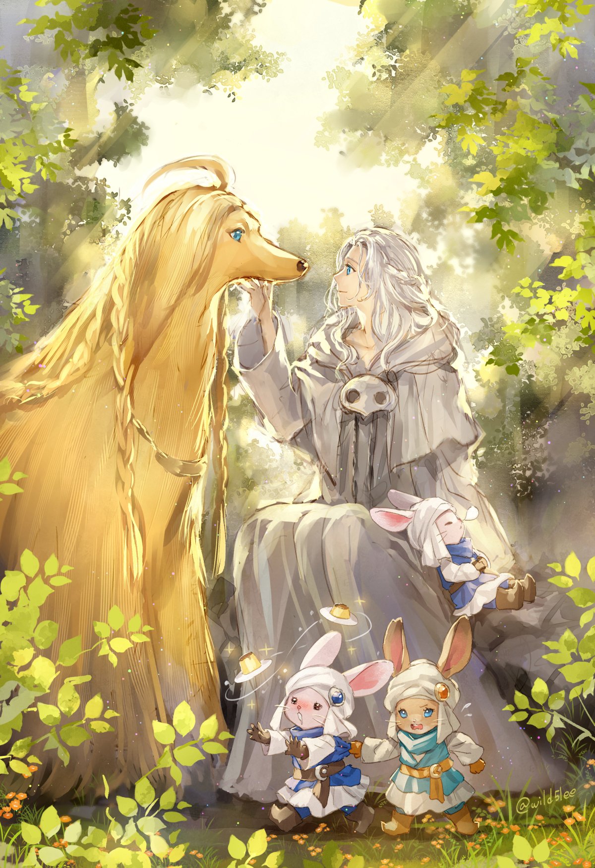1girl 3others androgynous animal_ears argos_(ff14) blue_eyes boots braid brown_footwear brown_gloves capelet closed_eyes clothes_grab commentary day dizzy_(feeling) dog drooling final_fantasy final_fantasy_xiv flower food from_side full_body furry gloves grass grey_capelet grey_hair grey_robe hand_up highres hood hood_down hooded_capelet leaf light_rays long_hair long_sleeves looking_at_animal loporrit mask mask_removed multiple_others nose_bubble on_rock open_mouth orange_flower outdoors outstretched_arms own_hands_together petting profile pudding puddingway rabbit_ears rock signature single_braid sitting sitting_on_rock sketch sleeping smile sparkle standing symbol-only_commentary turban twitter_username venat_(ff14) walking whiskers white_headwear wide_sleeves wild5lee