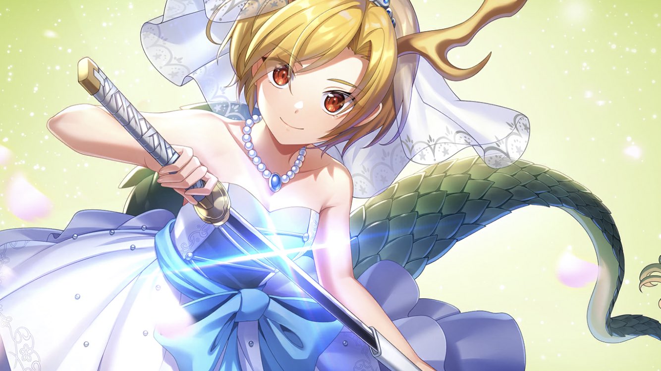 1girl alternate_costume antlers bare_shoulders blonde_hair blue_bow bow brown_eyes collarbone diffraction_spikes dragon_girl dragon_horns dragon_tail dress glint holding holding_sword holding_weapon horns jewelry katana kicchou_yachie necklace rome35793562 sheath short_hair smile solo sword tail touhou unsheathing weapon