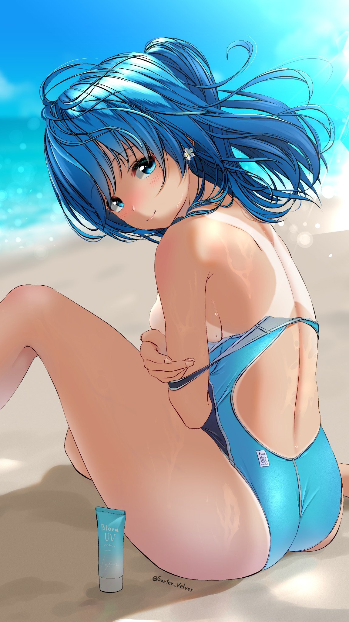 1girl aigami_kaon ass back bare_back bare_shoulders beach blue_eyes blue_hair blue_swimsuit blush breasts clothes_pull competition_swimsuit flower from_side garter-velvet hair_flower hair_ornament highres looking_at_viewer lotion medium_hair mole mole_on_breast ocean one-piece_swimsuit original outdoors ponytail sand sitting small_breasts smile solo sunscreen swimsuit swimsuit_pull tan tanlines thighs twitter_username two-tone_swimsuit wet
