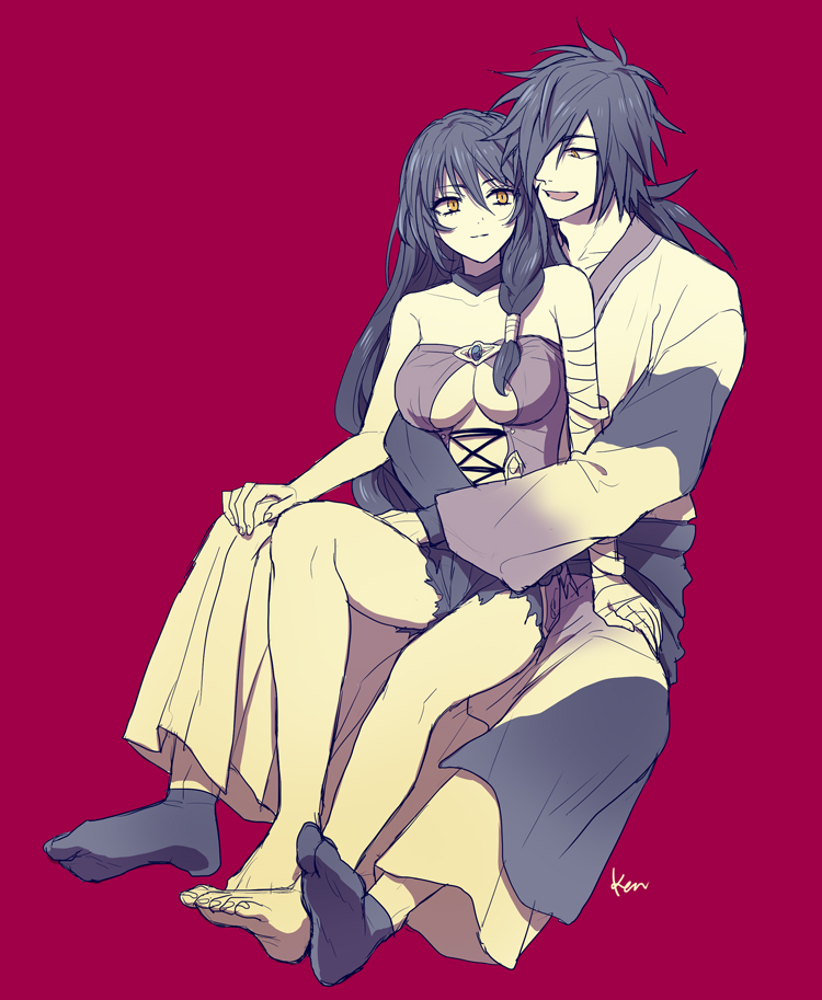 1boy 1girl :d akke bangs bare_legs barefoot black_shorts breasts cleavage closed_mouth collarbone couple eye_contact grey_legwear hair_between_eyes hair_over_one_eye hair_over_shoulder hand_on_another's_knee hetero hug hug_from_behind japanese_clothes kimono large_breasts limited_palette long_hair long_sleeves looking_at_another low_ponytail open_mouth red_background rokurou_rangetsu short_shorts shorts signature simple_background sketch smile socks soles strapless tales_of_(series) tales_of_berseria torn_clothes torn_shorts velvet_crowe very_long_hair white_kimono yellow_eyes