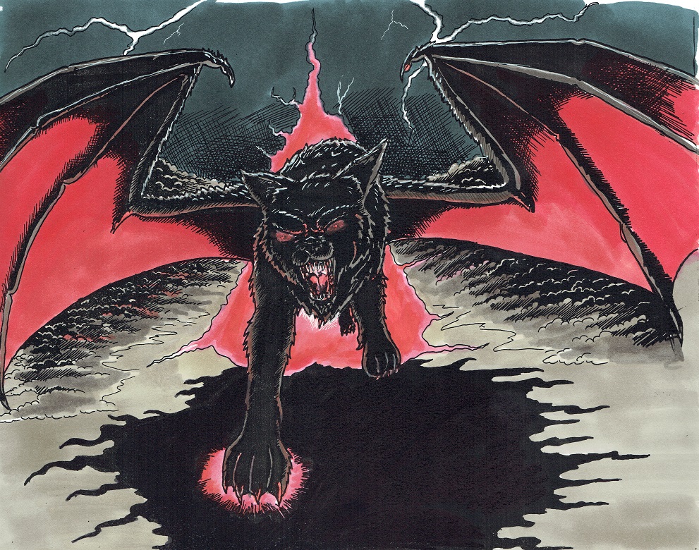 ambiguous_gender canid canid_demon canine canis dark demon fangs_bared fantasy feral hellhound imposing invalid_tag lightining mammal nyghtmar3 solo supernatural taditionalart wings wolf