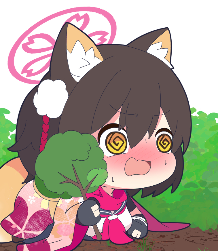 1girl @_@ animal_ear_fluff animal_ears bangs black_gloves black_hair black_sailor_collar blue_archive blush branch breasts brown_eyes chibi commentary_request fang gloves hair_between_eyes halo holding holding_branch izuna_(blue_archive) looking_away medium_breasts nose_blush nyaru_(nyaru_4126) open_mouth partially_fingerless_gloves pink_scarf sailor_collar scarf shirt solo sweat tail white_background white_shirt