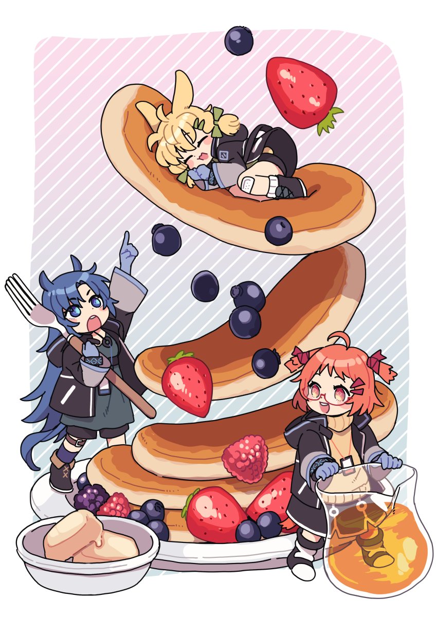 3girls ahoge animal_ears arknights bandaid bandaid_on_knee bandaid_on_leg beagle_(arknights) black_footwear black_jacket black_shorts black_skirt black_wristband blackberry_(fruit) blue_eyes blue_gloves blue_hair blue_legwear blueberry boots border bow bowl butter chibi cup dog_ears dog_girl dog_tail ear_ribbon fang_(arknights) food fork fruit gloves gradient gradient_background green_bow grey_shirt hair_bow hair_ornament hairclip hand_up highres holding holding_fork hood hood_down hooded_jacket horse_ears horse_girl horse_tail id_card index_finger_raised infection_monitor_(arknights) jacket kroos_(arknights) lanyard long_hair multiple_girls open_clothes open_jacket open_mouth orange_eyes orange_hair outside_border oversized_food oversized_object pancake pancake_stack pink_background plate pointing rabbit_ears rabbit_girl raspberry red_ribbon ribbon semi-rimless_eyewear shirt short_hair shorts simple_background skirt socks standing strawberry striped striped_background sweater syrup tail teeth thigh_strap turtleneck turtleneck_sweater under-rim_eyewear upper_teeth v-shaped_eyebrows very_long_hair white_border yellow_sweater yukataro