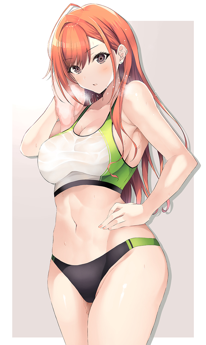 1girl arisugawa_natsuha bangs bare_arms bare_shoulders blush breasts cleavage commentary_request cowboy_shot hand_on_hip highres idolmaster idolmaster_shiny_colors inuzumi_masaki large_breasts long_hair looking_at_viewer midriff navel orange_hair parted_lips simple_background solo sports_bra stomach thighs towel track_and_field wiping_sweat