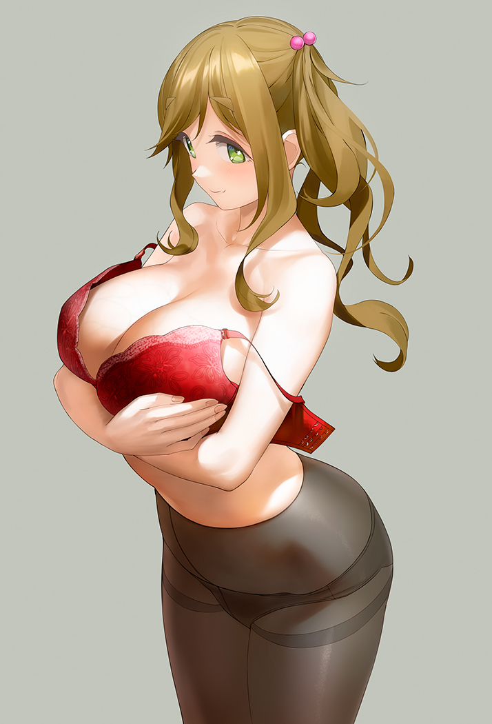 1girl a1 bare_shoulders black_legwear black_panties bra breasts brown_hair closed_mouth collarbone commentary_request green_eyes grey_background hair_bobbles hair_ornament inuyama_aoi large_breasts looking_at_viewer panties panties_under_pantyhose pantyhose red_bra simple_background smile solo thick_eyebrows underwear yurucamp