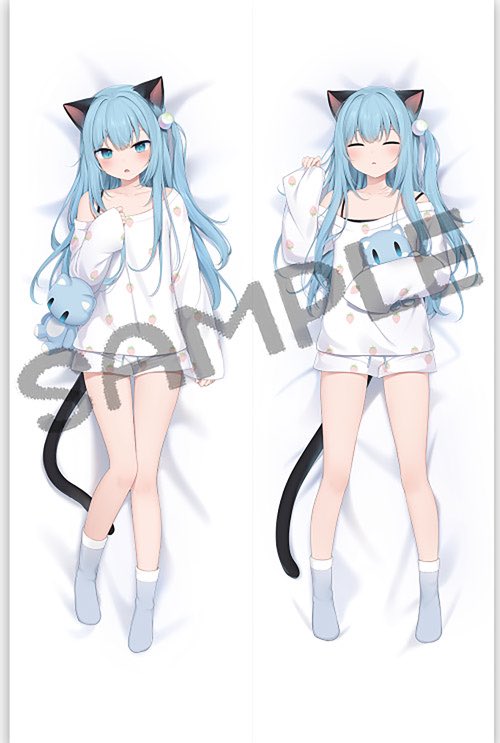 1girl amashiro_natsuki animal_ears bangs bed_sheet blue_eyes blue_hair cat_ears cat_girl cat_tail commentary_request grey_legwear hand_up long_hair long_sleeves lying multiple_views nekoha_shizuku no_shoes object_hug off-shoulder_shirt off_shoulder on_back one_side_up pinching_sleeves sample_watermark shirt sleeves_past_fingers sleeves_past_wrists socks stuffed_animal stuffed_cat stuffed_toy tail very_long_hair white_shirt