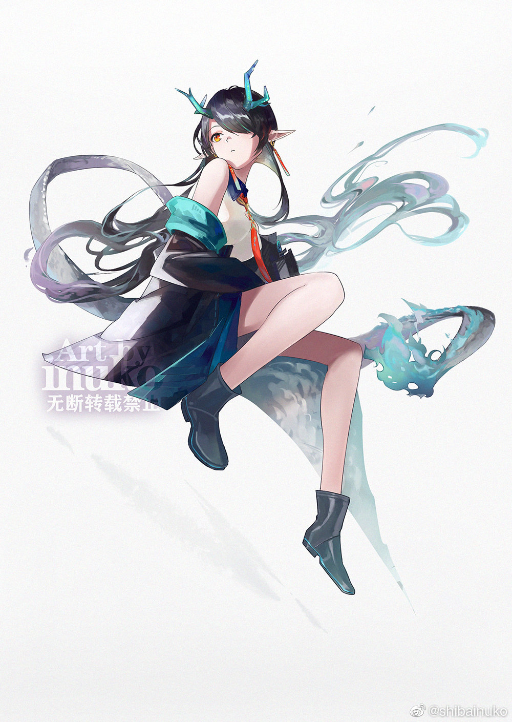 1girl ankle_boots arknights artist_name bare_legs bare_shoulders black_coat black_footwear black_hair blue_fire boots breasts closed_mouth coat dragon_girl dragon_horns dragon_tail dress dusk_(arknights) fiery_tail fire full_body hair_over_one_eye highres horns inuko_(redconstellation) invisible_chair long_hair looking_away looking_to_the_side medium_breasts necktie non-web_source off_shoulder open_clothes open_coat orange_eyes red_necktie simple_background sitting solo tail very_long_hair white_background white_dress