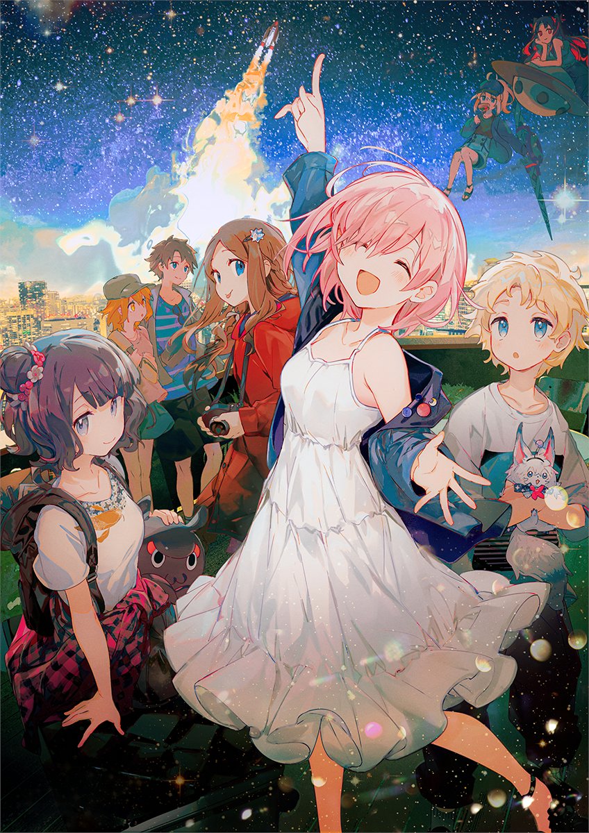 2boys 6+girls :d :o :p ^_^ aqua_skirt arm_support artoria_pendragon_(fate) backpack badge bag baseball_cap black_bag black_hair black_shorts blonde_hair blue_eyes blue_shirt braid brown_hair building button_badge camera camera_around_neck casual city closed_eyes clothes_around_waist collarbone creature crescent dress eyewear_on_clothing eyewear_removed fanny_pack fate/grand_order fate_(series) floating flower flying_saucer food food_in_mouth fou_(fate) from_side fujimaru_ritsuka_(female) fujimaru_ritsuka_(male) hair_bun hair_flower hair_ornament hairclip hand_on_own_cheek hand_on_own_face hat highres holding holding_camera holding_creature holding_weapon hood hooded_jacket jacket jacket_around_waist katsushika_hokusai_(fate) leonardo_da_vinci_(fate) long_hair looking_at_viewer looking_to_the_side mash_kyrielight multicolored_hair multiple_boys multiple_girls mysterious_heroine_x_(fate) namie-kun octopus off_shoulder official_alternate_costume official_art orange_eyes orange_hair outstretched_arm outstretched_hand petting pink_hair plaid plaid_jacket pointing pointing_up ponytail reaching_out red_hair red_jacket rocket rocket_ship shirt short_hair short_sleeves shorts skirt skyscraper smile smoke_trail space_ishtar_(first_ascension)_(fate) spacecraft spaghetti_strap standing star_(sky) striped striped_shirt sundress sunglasses t-shirt tokitarou_(fate) tongue tongue_out two-tone_hair two_side_up voyager_(fate) weapon white_dress white_shirt