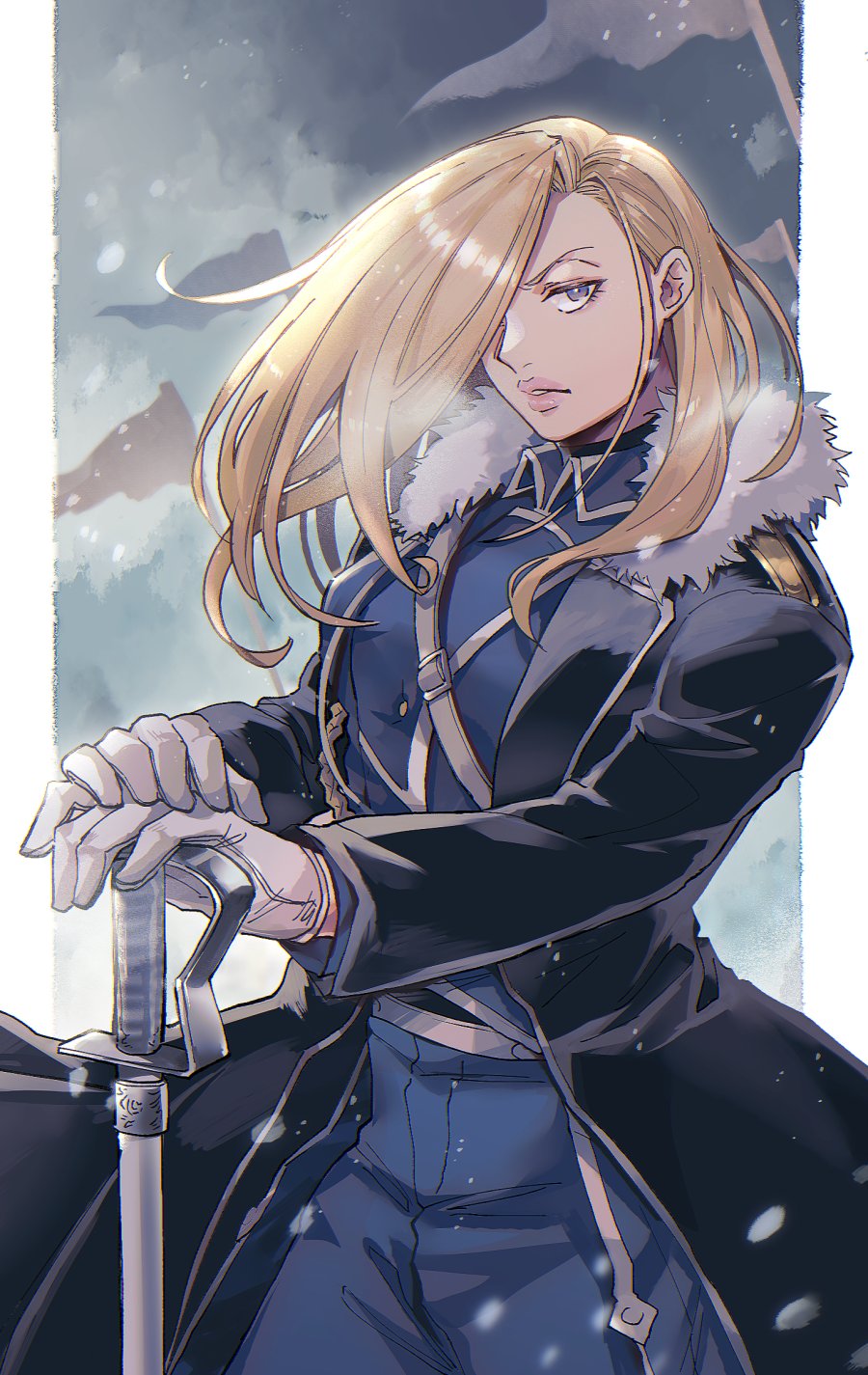 1girl black_jacket blonde_hair blue_eyes blue_pants blue_shirt border commentary cowboy_shot fullmetal_alchemist gloves highres jacket kayako_(bimabima) lips long_hair looking_at_viewer olivier_mira_armstrong pants planted planted_sword shirt snow solo sword weapon white_border white_gloves winter