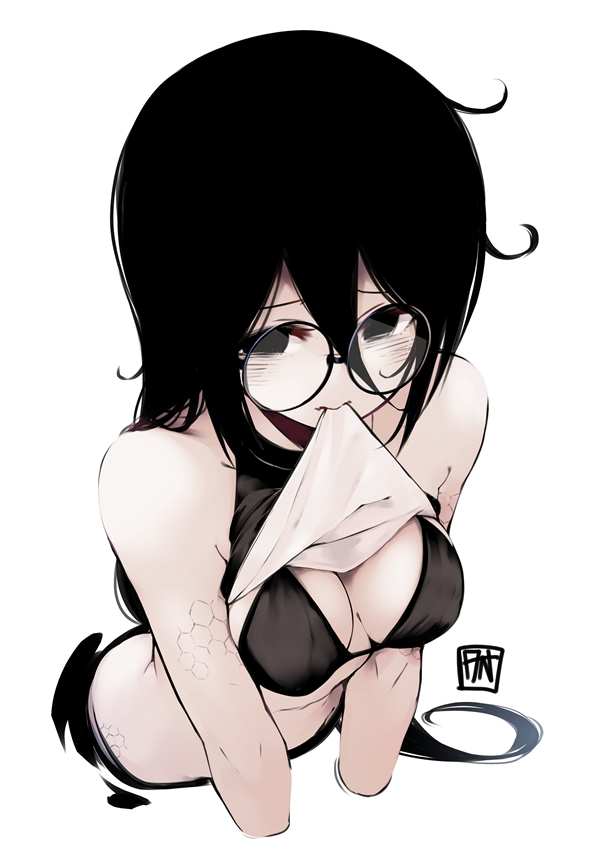 1girl angry_num artist_logo bangs black_bra black_eyes black_hair black_shirt bra breasts commentary cropped_arms cropped_torso english_commentary glasses hair_between_eyes large_breasts long_bangs long_hair mouth_hold no_pupils original psd_available round_eyewear scales shirt simple_background sleeveless sleeveless_shirt solo underwear upper_body white_background