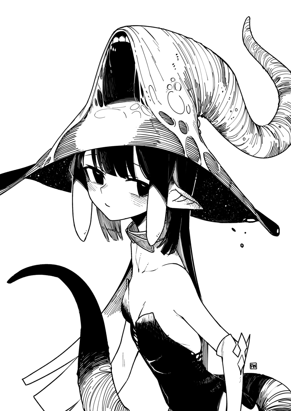 1girl :/ angry_num artist_logo bangs bare_shoulders blunt_ends breasts cleavage collar collarbone commentary cowboy_shot elbow_gloves expressionless eyebrows_behind_hair gloves greyscale hat highres hololive hololive_english leotard light_blush long_hair looking_at_viewer monochrome ninomae_ina'nis pointy_hair simple_background small_breasts solo straight_hair strapless strapless_leotard symbol-only_commentary tail teeth virtual_youtuber witch_hat