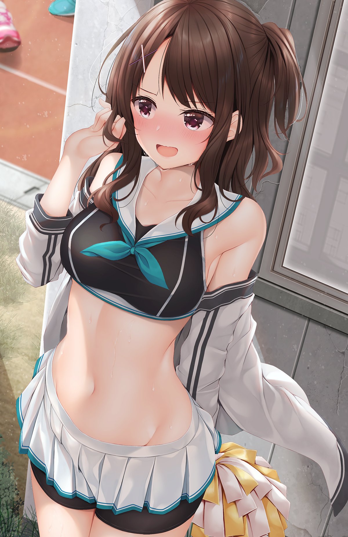 1girl :d bare_shoulders black_shirt breasts brown_hair cheerleader commentary_request crop_top embarrassed furrowed_brow hair_ornament hairclip highres jacket long_hair looking_away medium_breasts microskirt midriff minato_ojitan navel neckerchief off_shoulder one_side_up open_clothes open_jacket open_mouth original pleated_skirt purple_eyes sailor_collar school_uniform serafuku shirt skirt sleeveless sleeveless_shirt smile solo stomach sweat thighs v-shaped_eyebrows white_jacket white_skirt x_hair_ornament