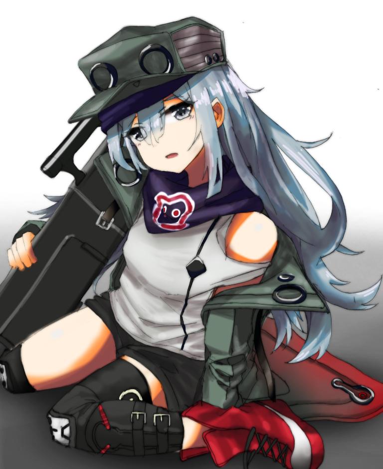 1girl assault_rifle bangs breasts feet_out_of_frame g11_(girls'_frontline) girls'_frontline green_jacket grey_eyes grey_hair gun h&amp;k_g11 hair_between_eyes hat jacket knee_pads long_hair looking_at_viewer lying open_clothes open_jacket open_mouth red_footwear rifle shirt shoes sleeveless sleeveless_shirt small_breasts sneakers solo weapon yanagui