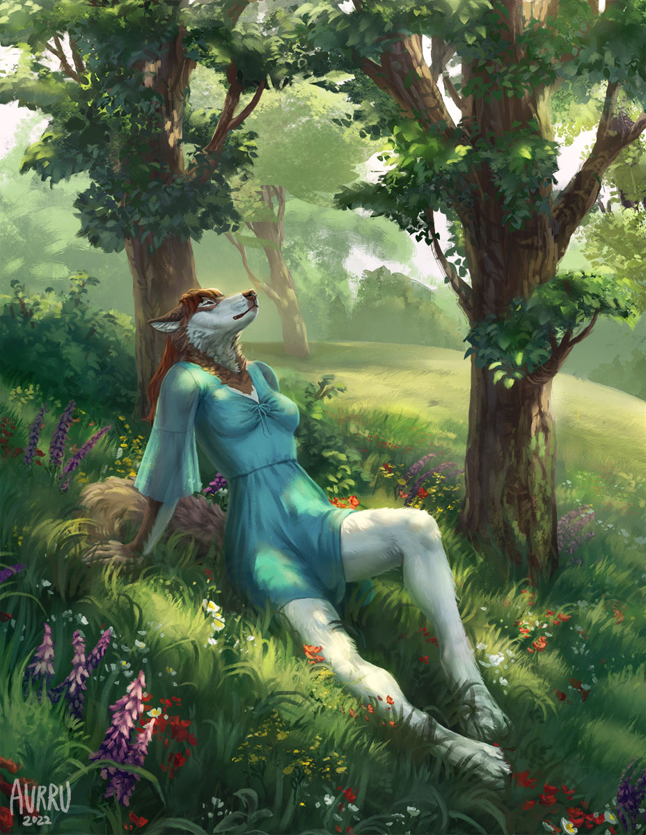 2022 4_toes anthro aurru breasts brown_body brown_fur canid canine canis clothed clothing day detailed_background digital_media_(artwork) feet female fingers fur grass hi_res mammal outside plant sky solo toes tree white_body white_fur wolf